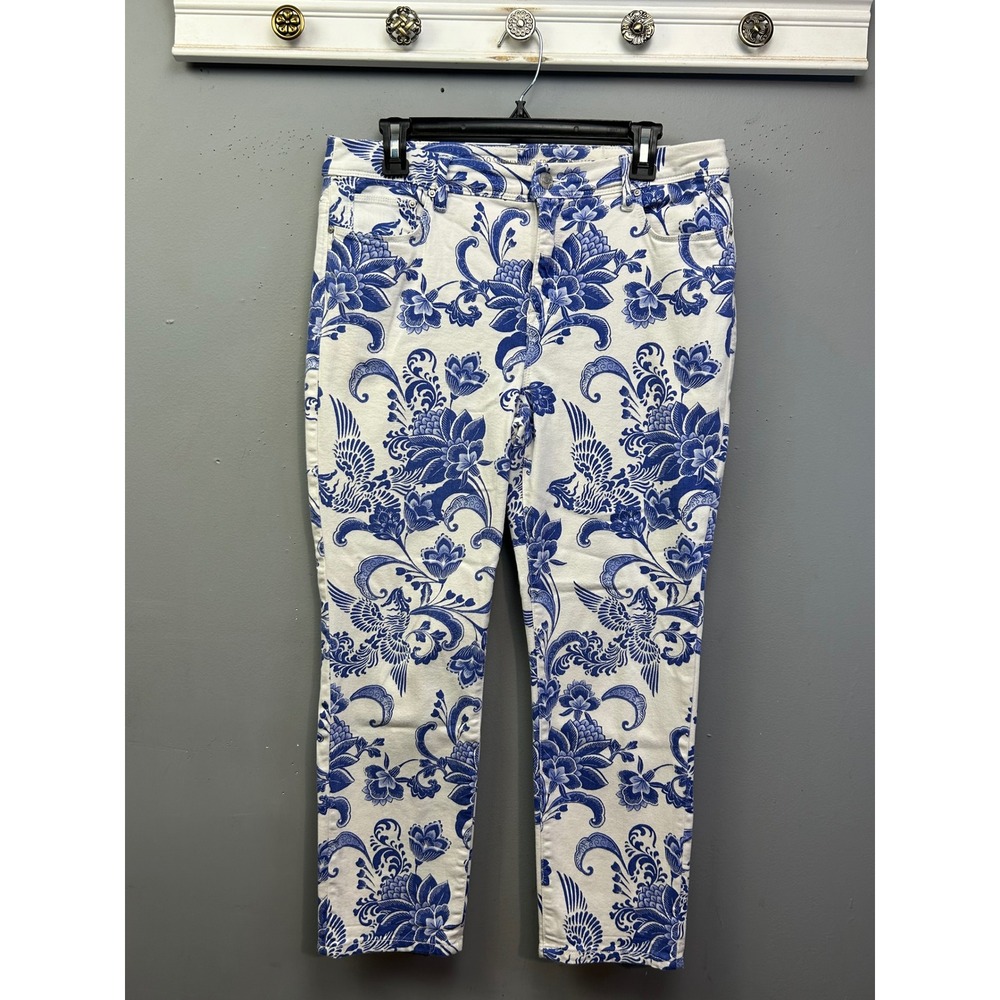 Chico's Jeans Women 1.5 Blue White Floral So Slimming Girlfriend Crop Toile